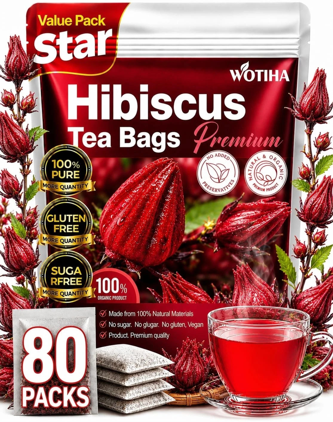 Premium 80 Hibiscus Flowers Tea Bags, 100% Natural, Handmade & Pure from Hibi Premium 80 Hibiscus Flowers Tea Bags, 100% Natural, Handmade & Pure from Hibi