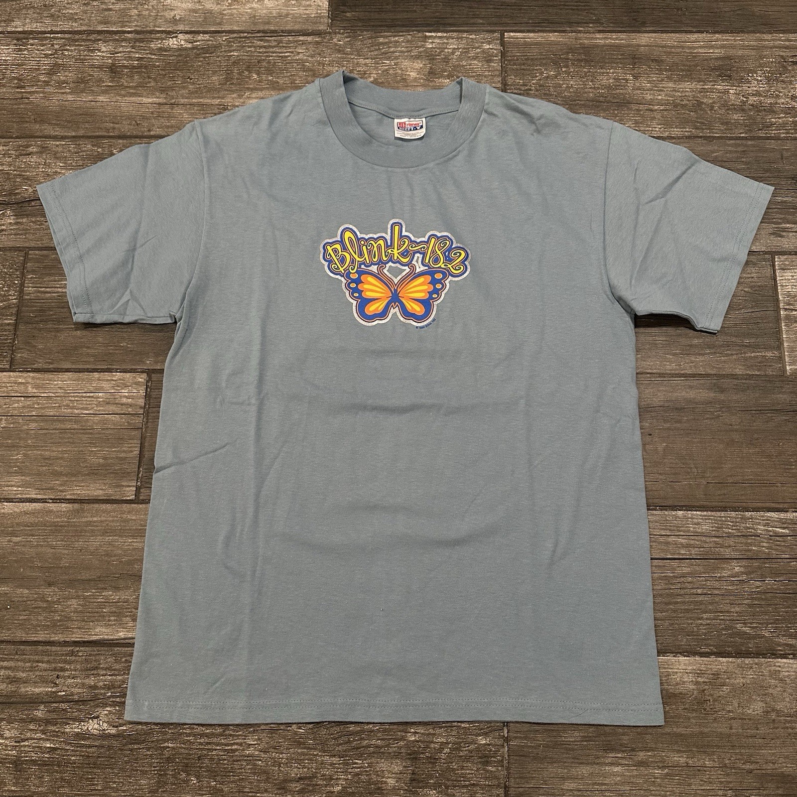 VTG 1999 BLINK-182 BUTTERFLY LOGO T-SHIRT BAND TEE BABY BLUE PROMO SZ L GLITTER 