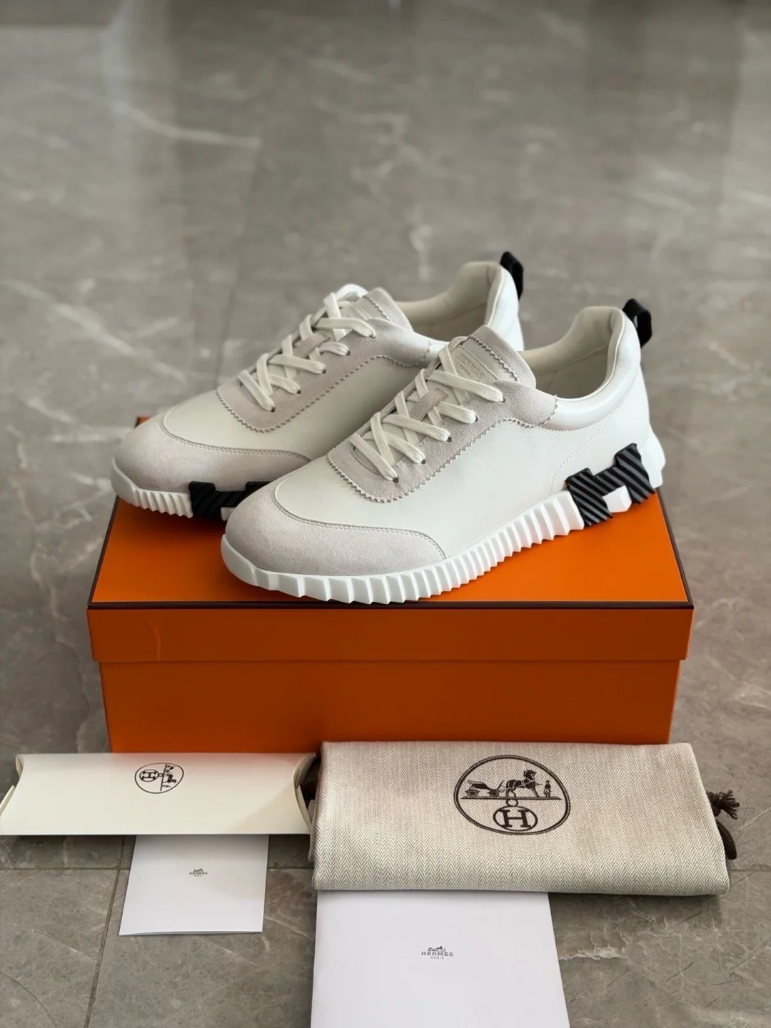 Hermes Bouncing Sneakers White Leather Lace Up Designer Shoes Men's EU USA Sizes