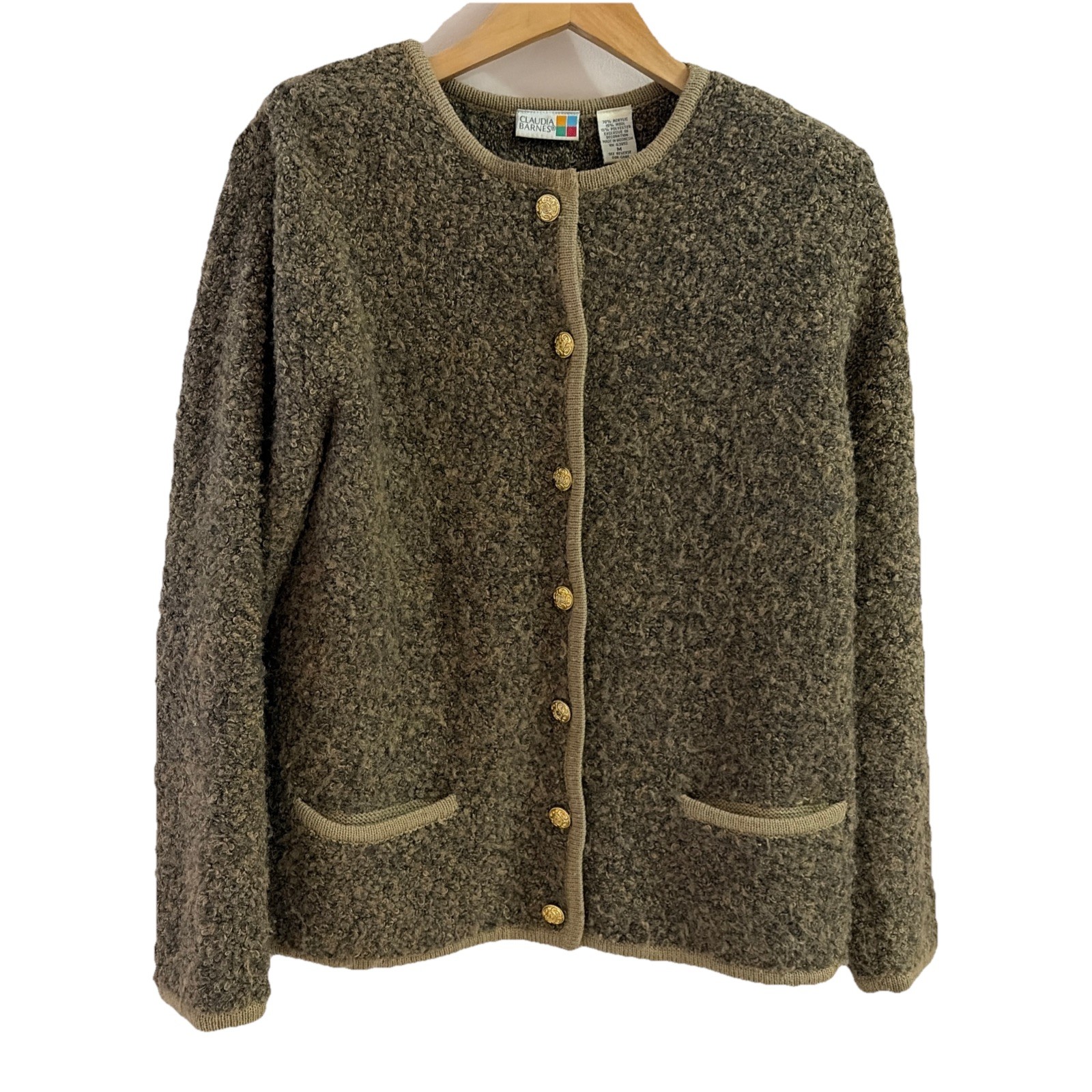 VTG Claudia Barnes Button Front Cardigan Jacket Size M Brown Boiled Wool Blend