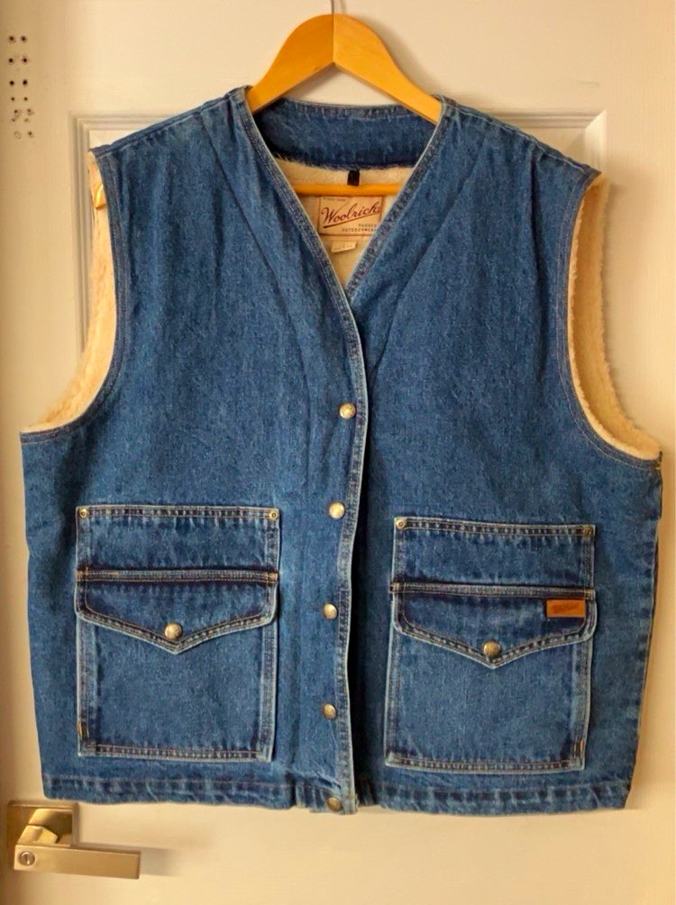 Vintage 90s Woolrich Sherpa Lined Denim Vest Large Made in USA Rugged Workwear