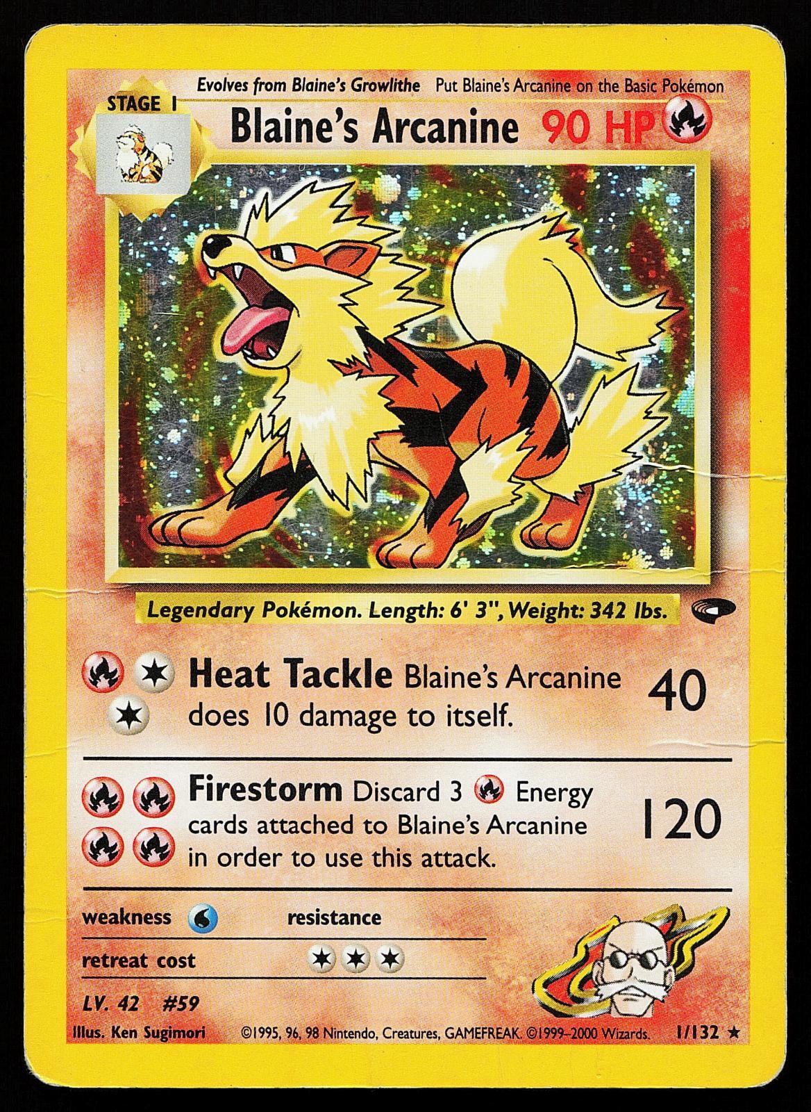 Blaine\'s Arcanine 1/132 Unlimited Holo Rare Gym Challenge Pokemon Card CREASED