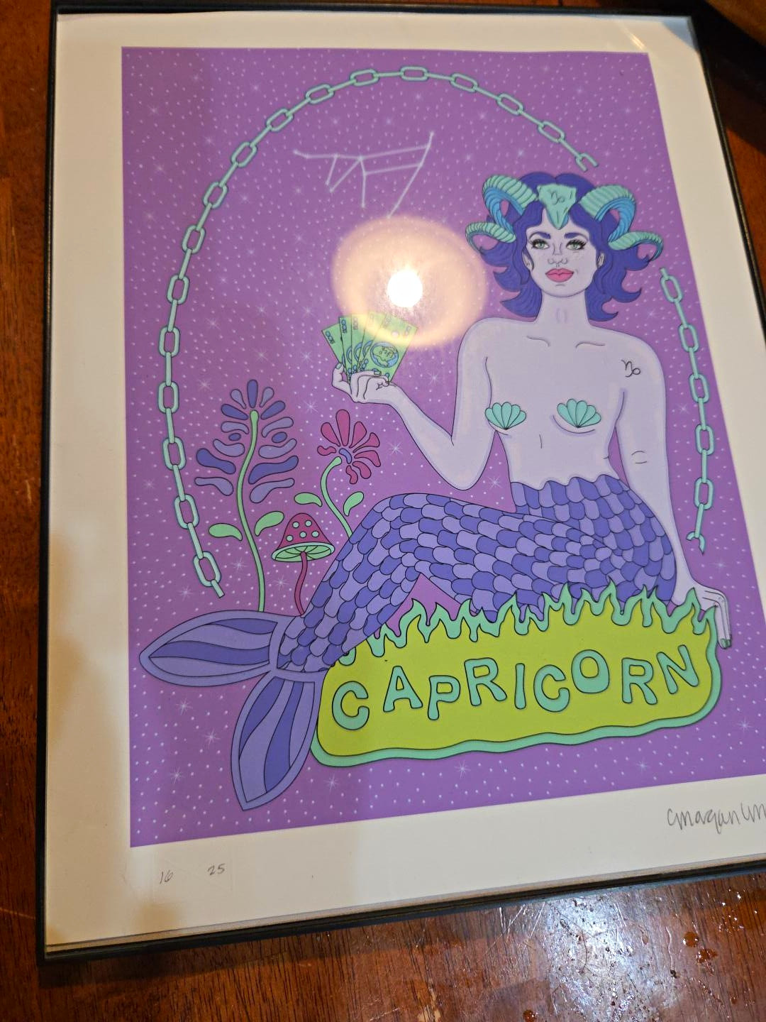Capricorn Zodiac Mermaid Art Print Hand Signed Limited Edition 10/25 Framed