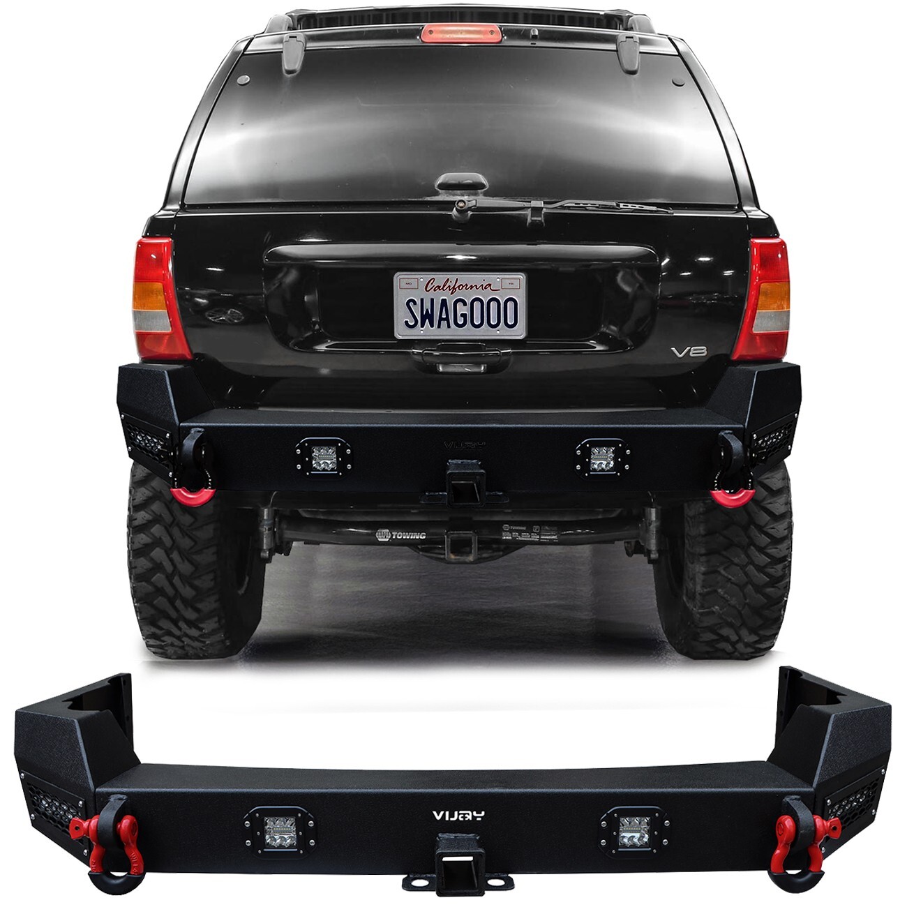 Vijay For 1999-2004 2nd Gen Cherokee WJ Rear Bumper Black w/ LED Spotlights