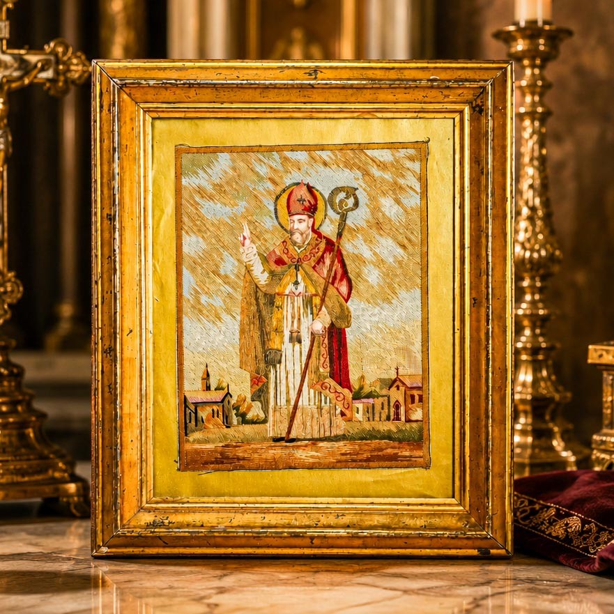 Rare Antique Religious Textile Artwork 19th Century Catholic Saint Bishop