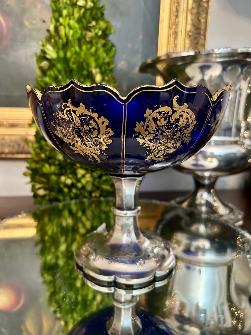 Antique Dutch Silver-Mounted Cobalt Blue & Gilt Glass Compote Antique Dutch Silver-Mounted Cobalt Blue & Gilt Glass Compote
