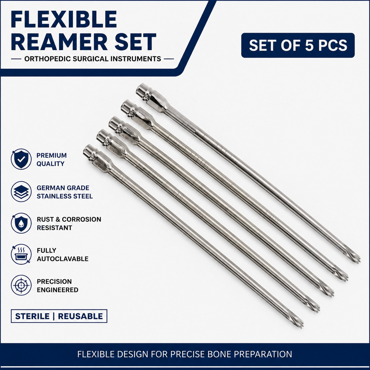 Flexible Reamer Set 5 Pcs Orthopedic Surgical Instrument Set Size 8–12mm