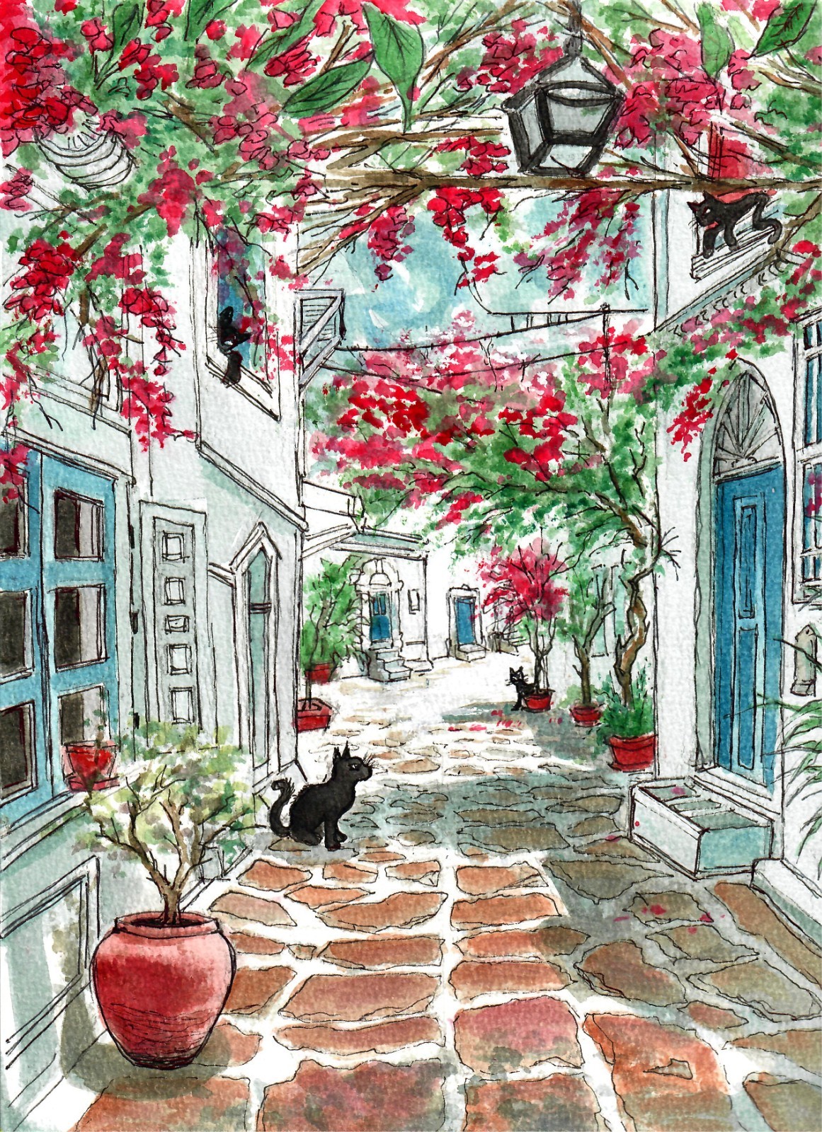 Cats In A Flowered Mediterranean Street, (Signed, Matted Watercolor Art Print) Cats In A Flowered Mediterranean Street, (Signed, Matted Watercolor Art Print)