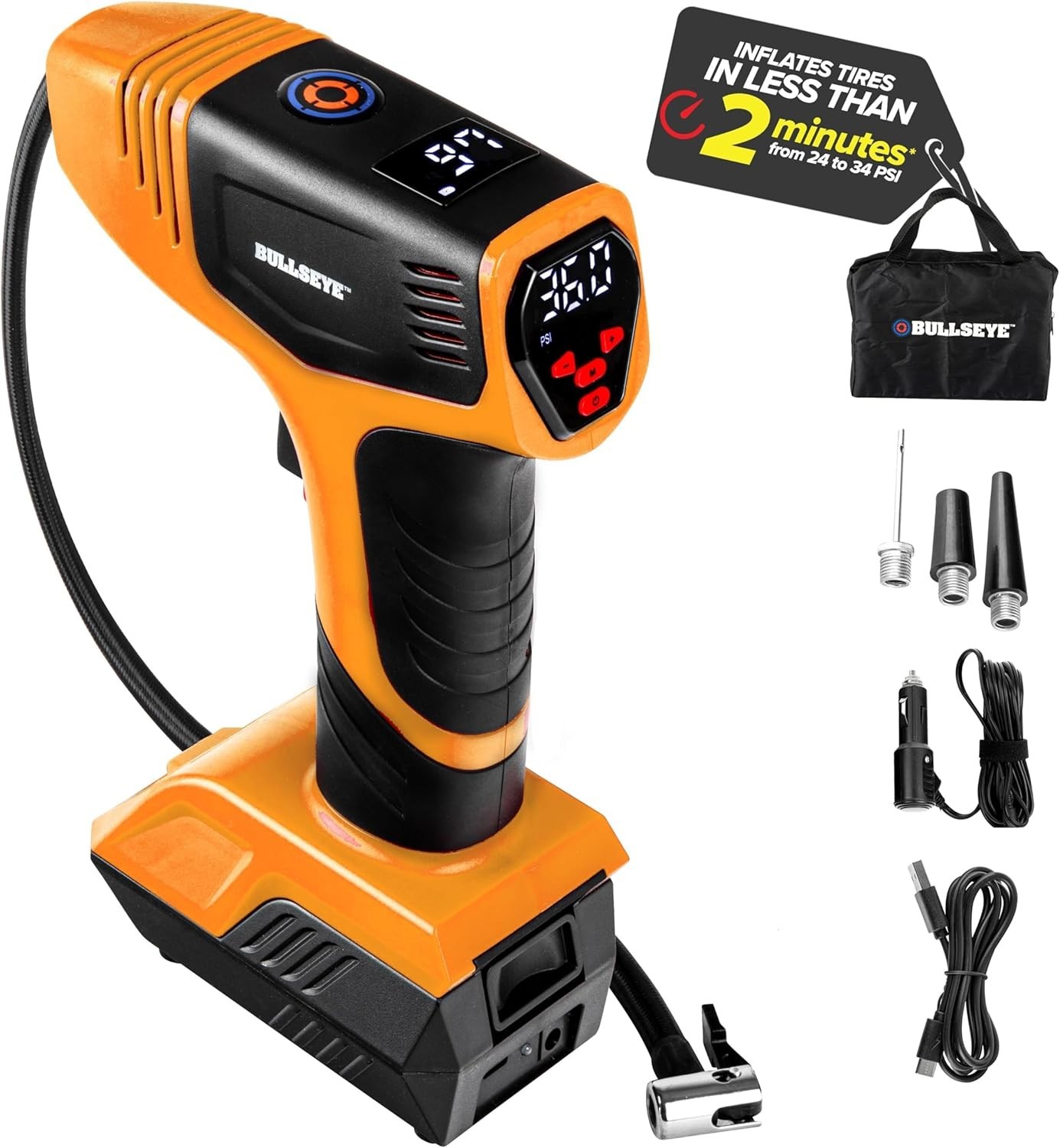 Bullseye Pro Digital Tire Inflator Car Air Pump Compressor 150 PSI Gauge Display