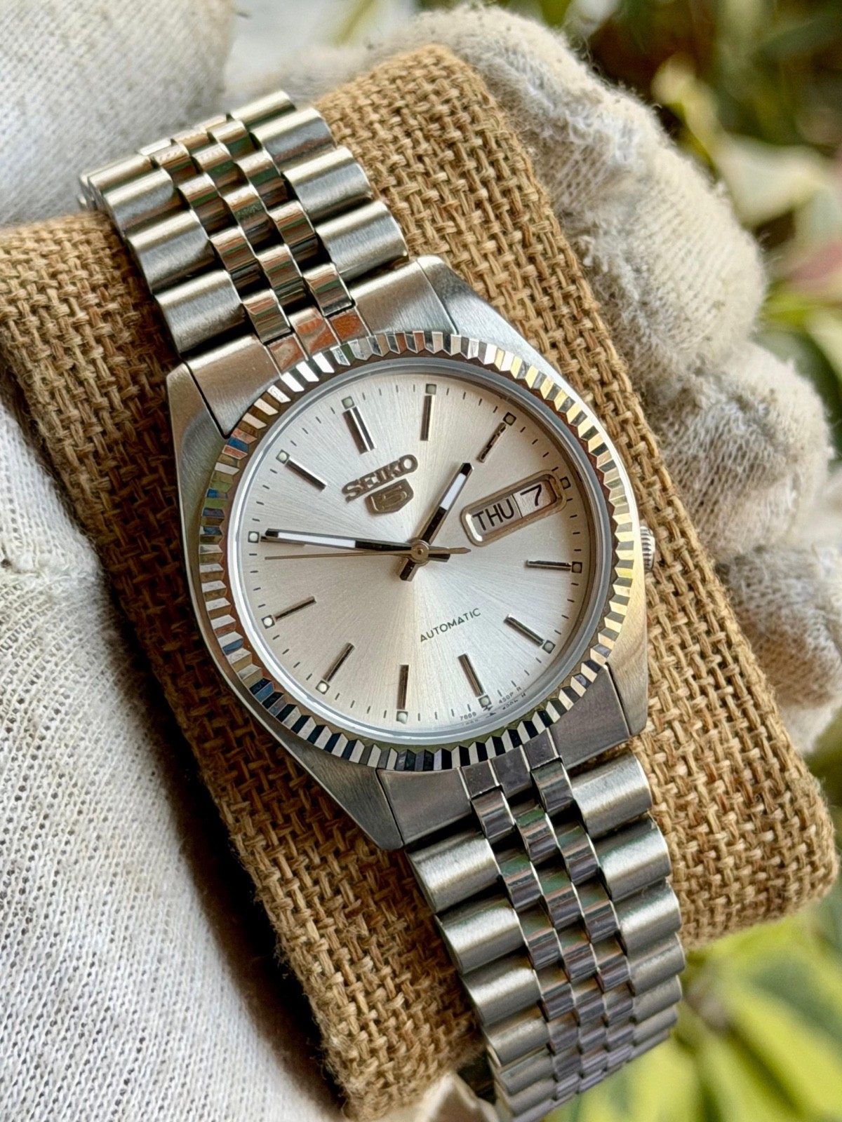 Rare Seiko 5 President SNXJ89 Automatic 7009-3110 Day Date Silver Dial Watch 36m