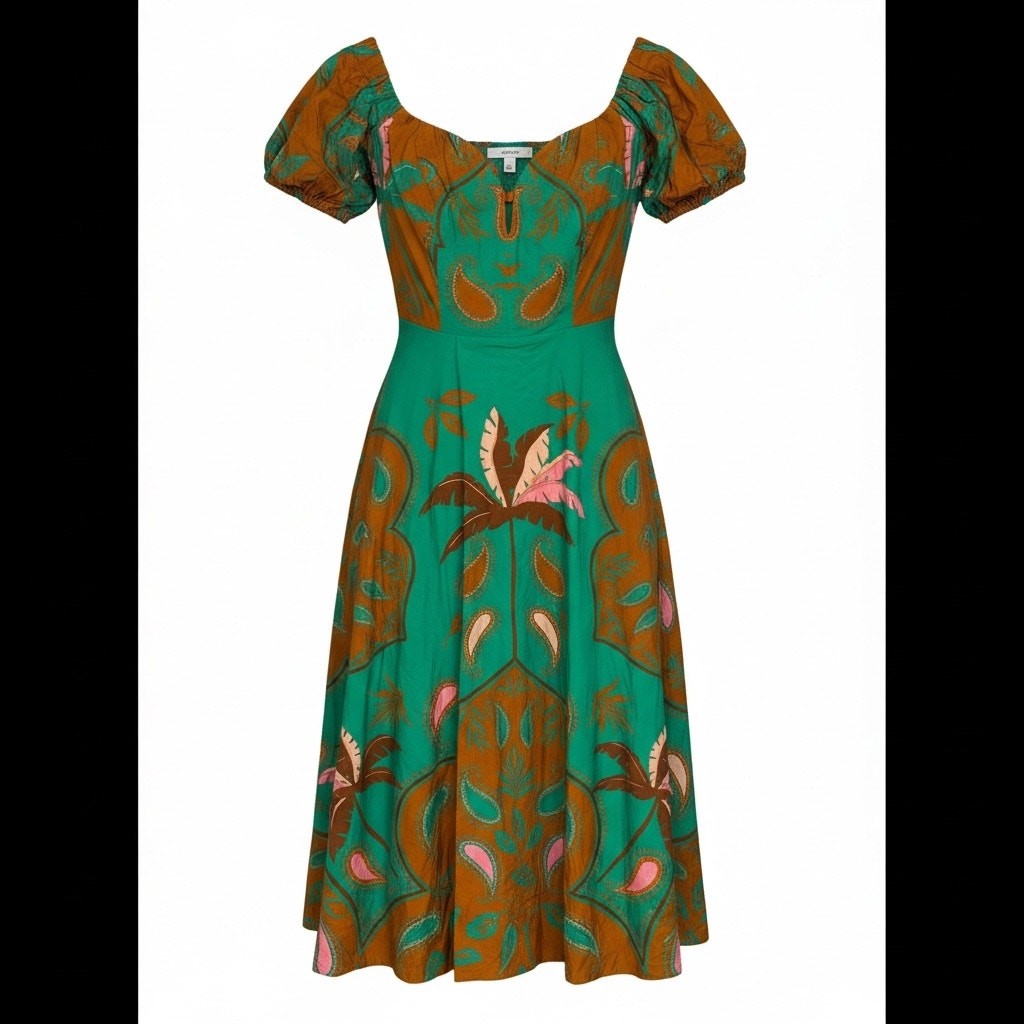 Maeve by Anthropologie Green Tropical Print Puff Sleeve Midi Dress Size 4 NWOT