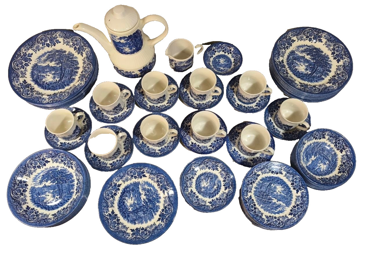 41 Pc Vintage Churchill Broadhurst Blue White English Scene Ironstone China Set