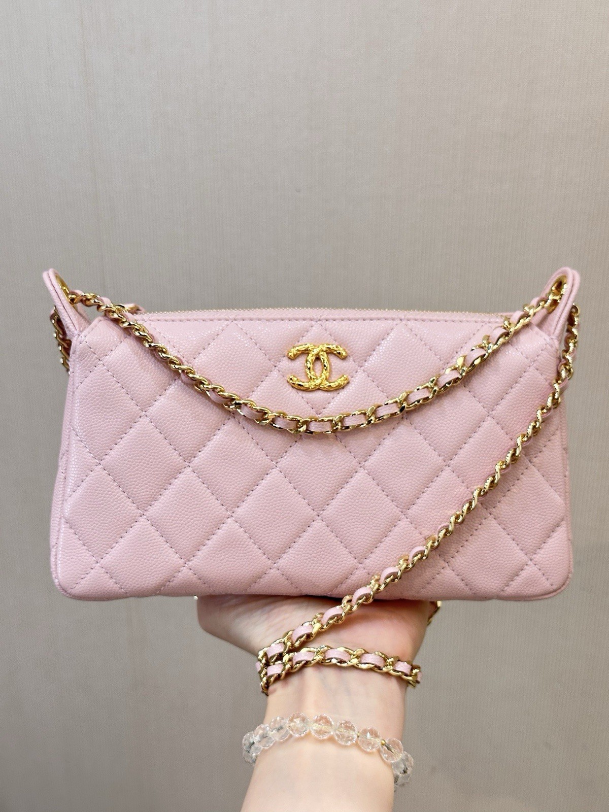 VIP Gift Pink Quilted Leather Small Shoulder Bag Gold Chain Strap Zip Closure