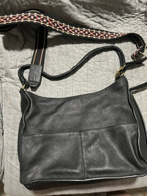 Lucky Brand Black Leather Shoulder Bag with Patterned Strap Lucky Brand Black Leather Shoulder Bag with Patterned Strap