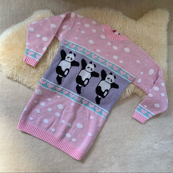Vintage Adele Panda Hearts Bubble Knit Kawaii Fairy Kei Pastel Sparkly Sweater