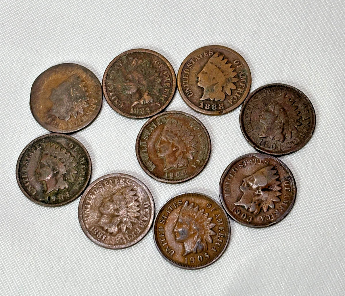 Indian Head Penny Lot Of 9 Coins 1868 1881 1882 1888 1901 1903 1904 1905 1908