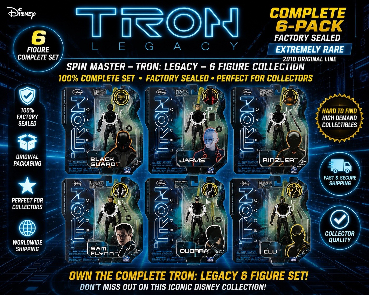 Disney TRON Legacy Complete 6 Figure Set Spin Master Factory Sealed Rare 2010