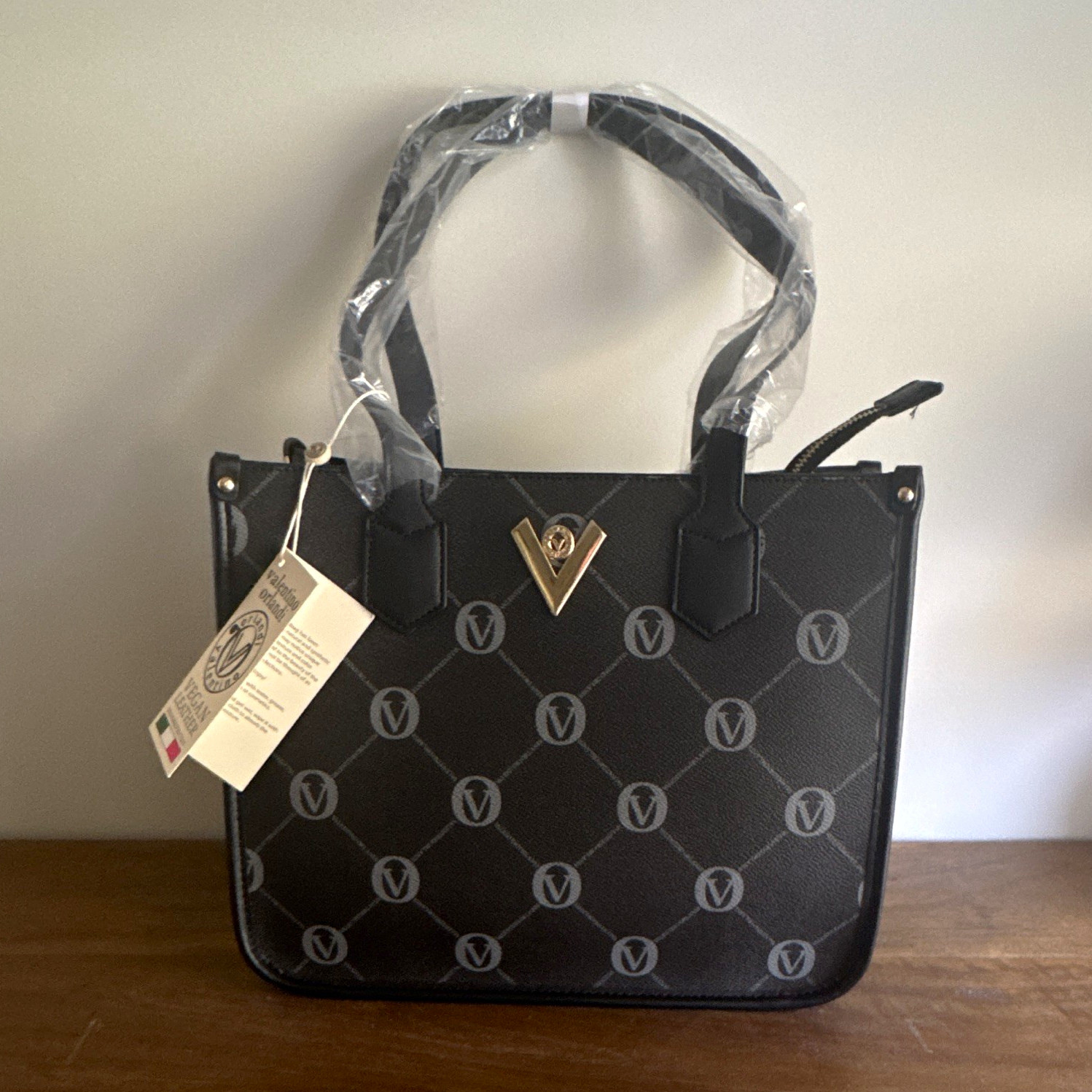 Valentino Black Logo Tote Top Handle Zip Bag w/ Detachable Adjustable Strap