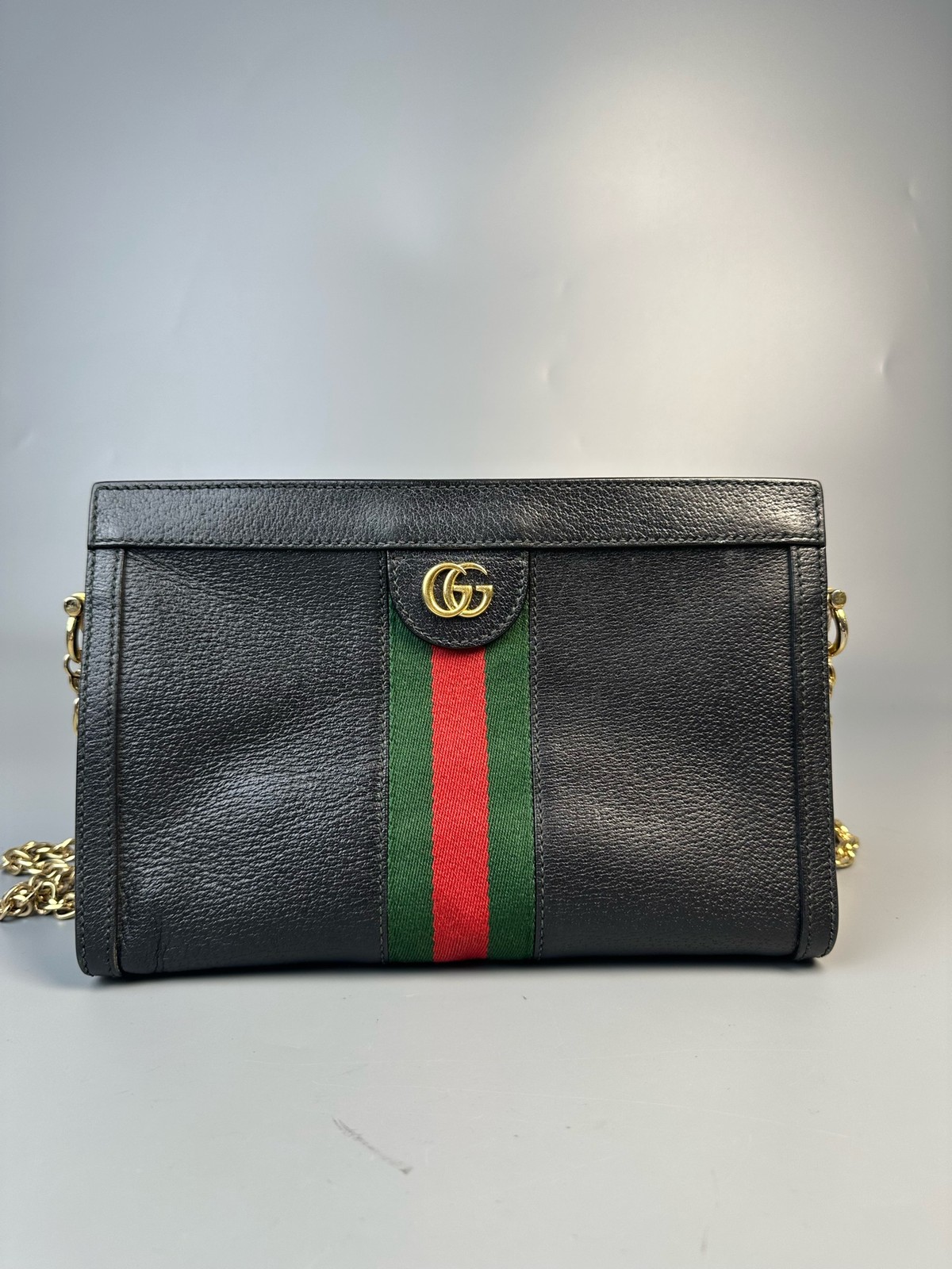 EGA GUCCI Ophidia Small Sherry Line Leather Chian Shoulder Bag Black AUTH