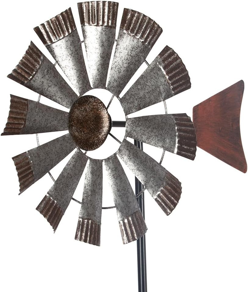 Metal Wind Spinner Outdoor Vintage Silver Windmill Garden Yard Decor