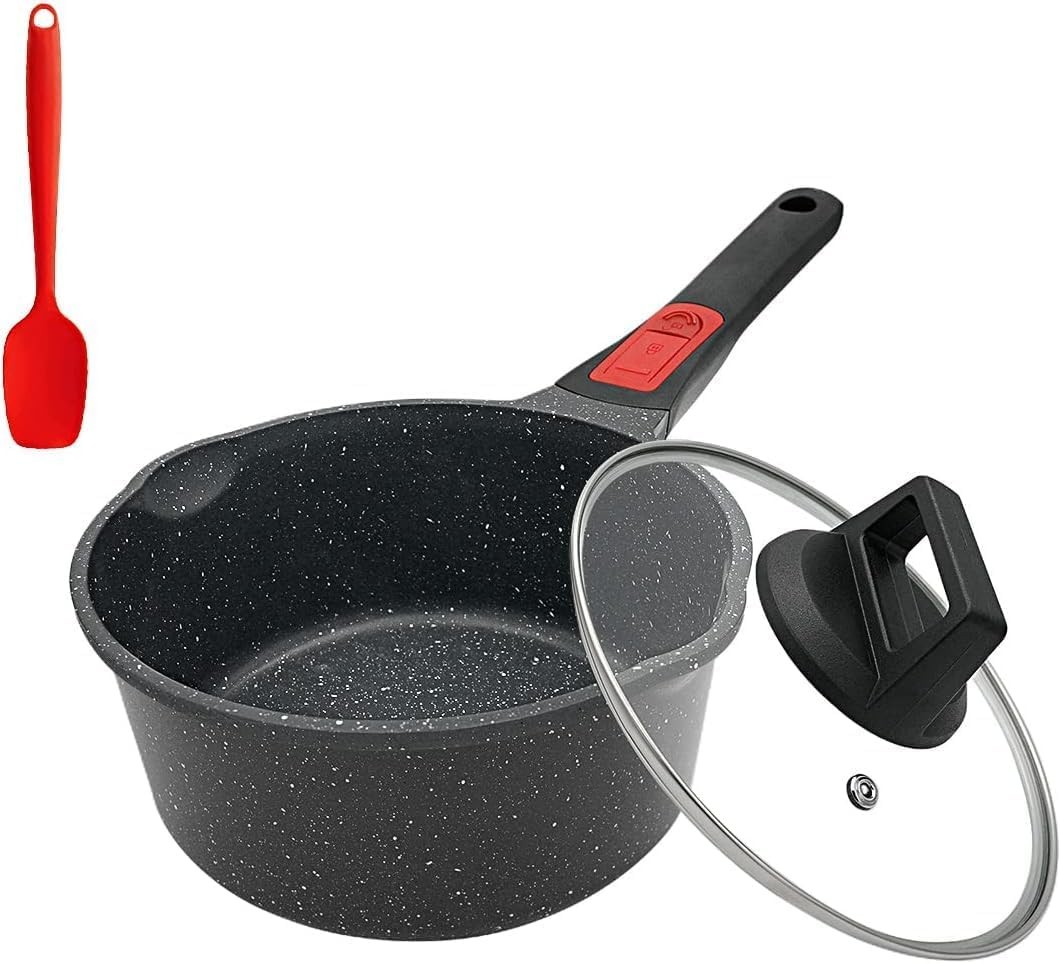1.5 Qt Nonstick Saucepan with Lid, Small Sauce Pot with Pour Spout, Black | 1.5 Qt Nonstick Saucepan with Lid, Small Sauce Pot with Pour Spout, Black |