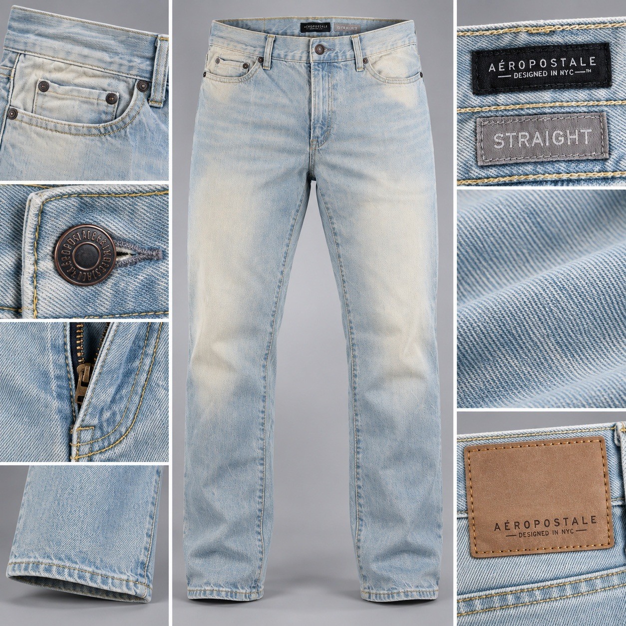 Aeropostale Jeans Men 34x30 Light Wash Blue Straight Fit Distressed Denim