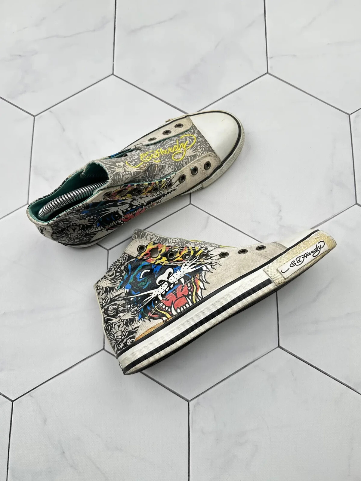 Ed Hardy Womens High Top Sneakers Tiger Graphic Canvas Shoes EU 37 Y2K Rare Ed Hardy Womens High Top Sneakers Tiger Graphic Canvas Shoes EU 37 Y2K Rare