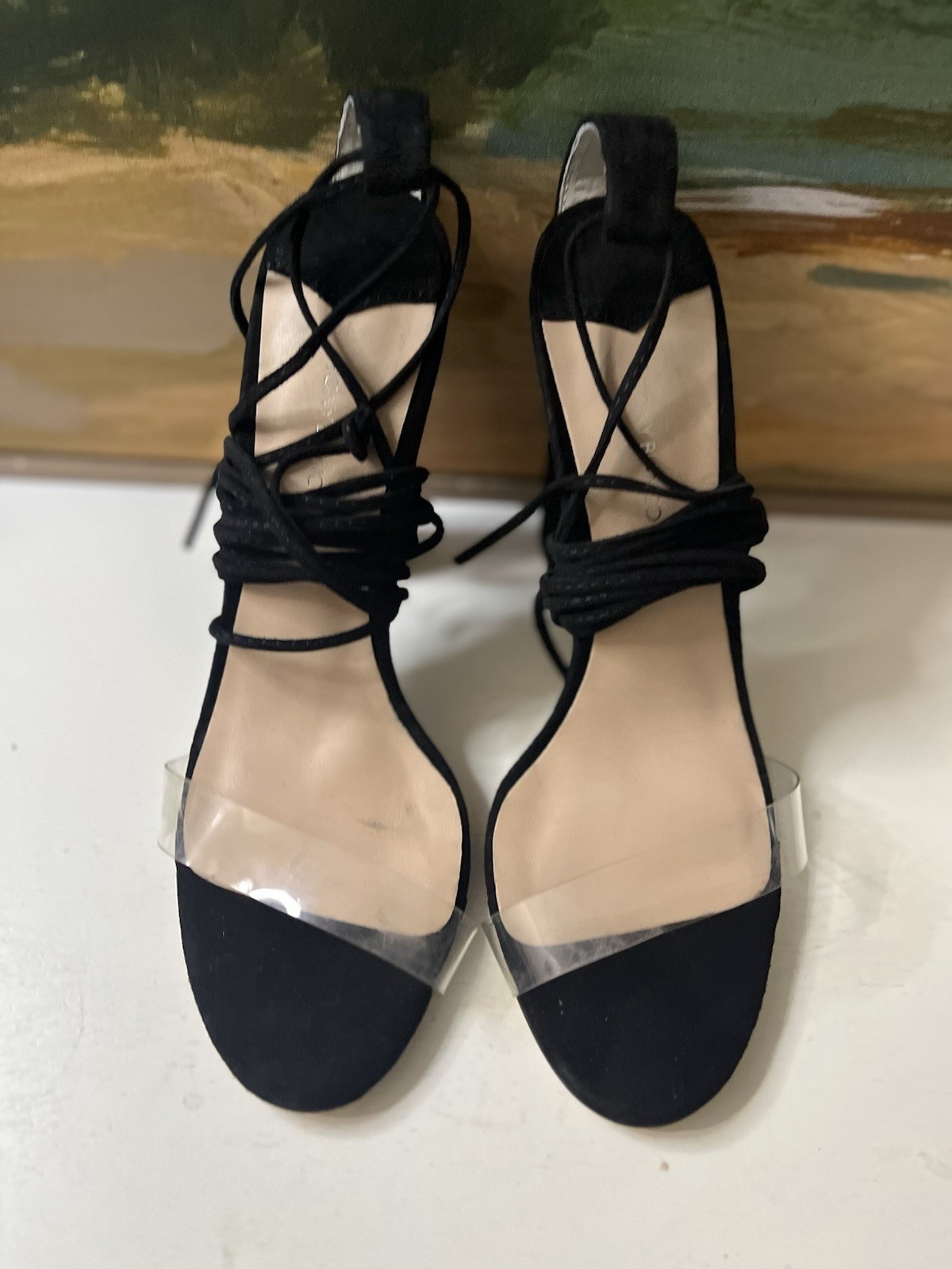 Tony Bianco Laceup Block Heel Black Suede Finish Clear Vinyl ToeStrap Sz7.5 New