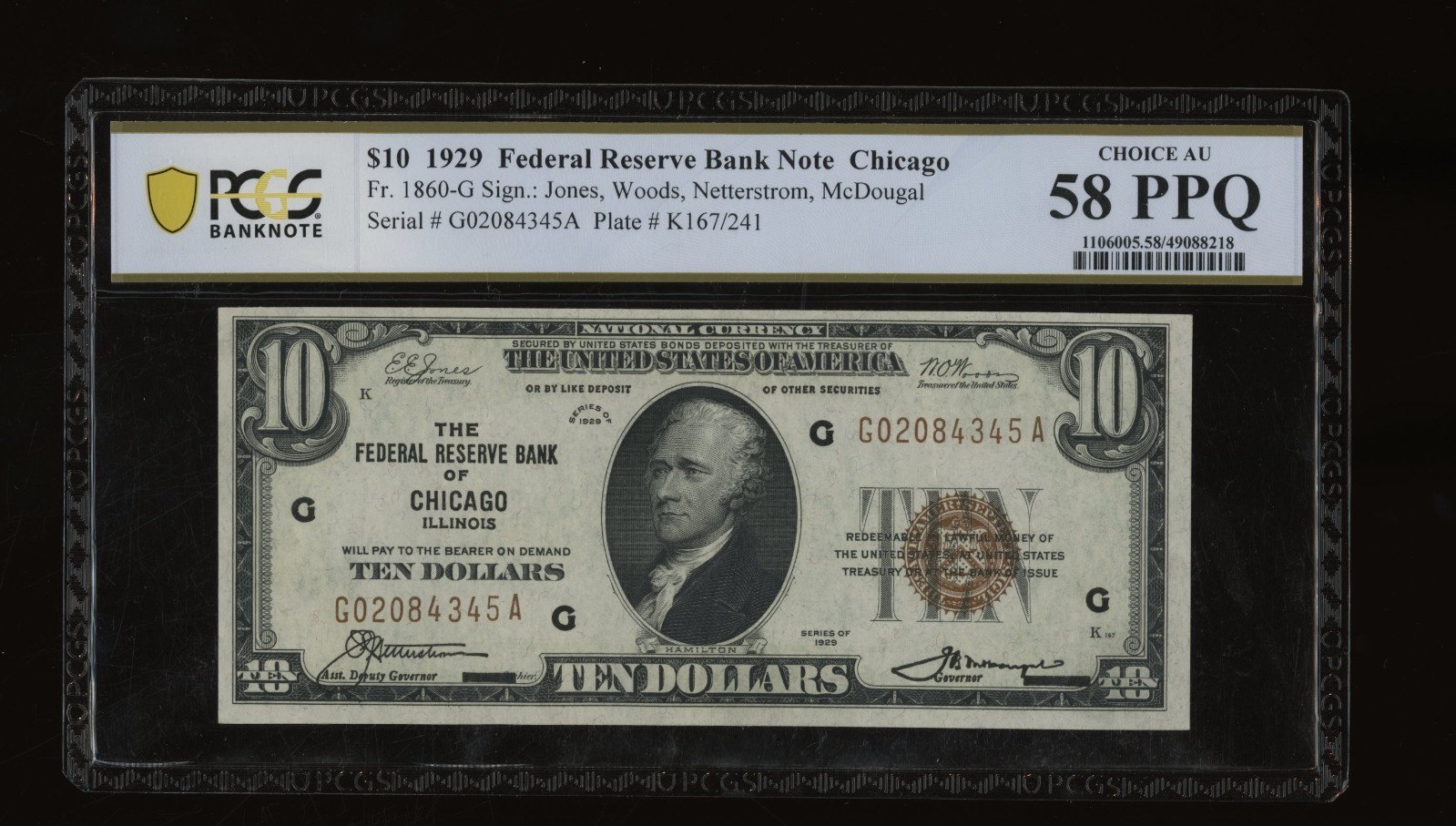 DBR 1929 $10 FRBN Chicago Fr. 1860-G PCGS-B 58 PPQ Serial G02084345A