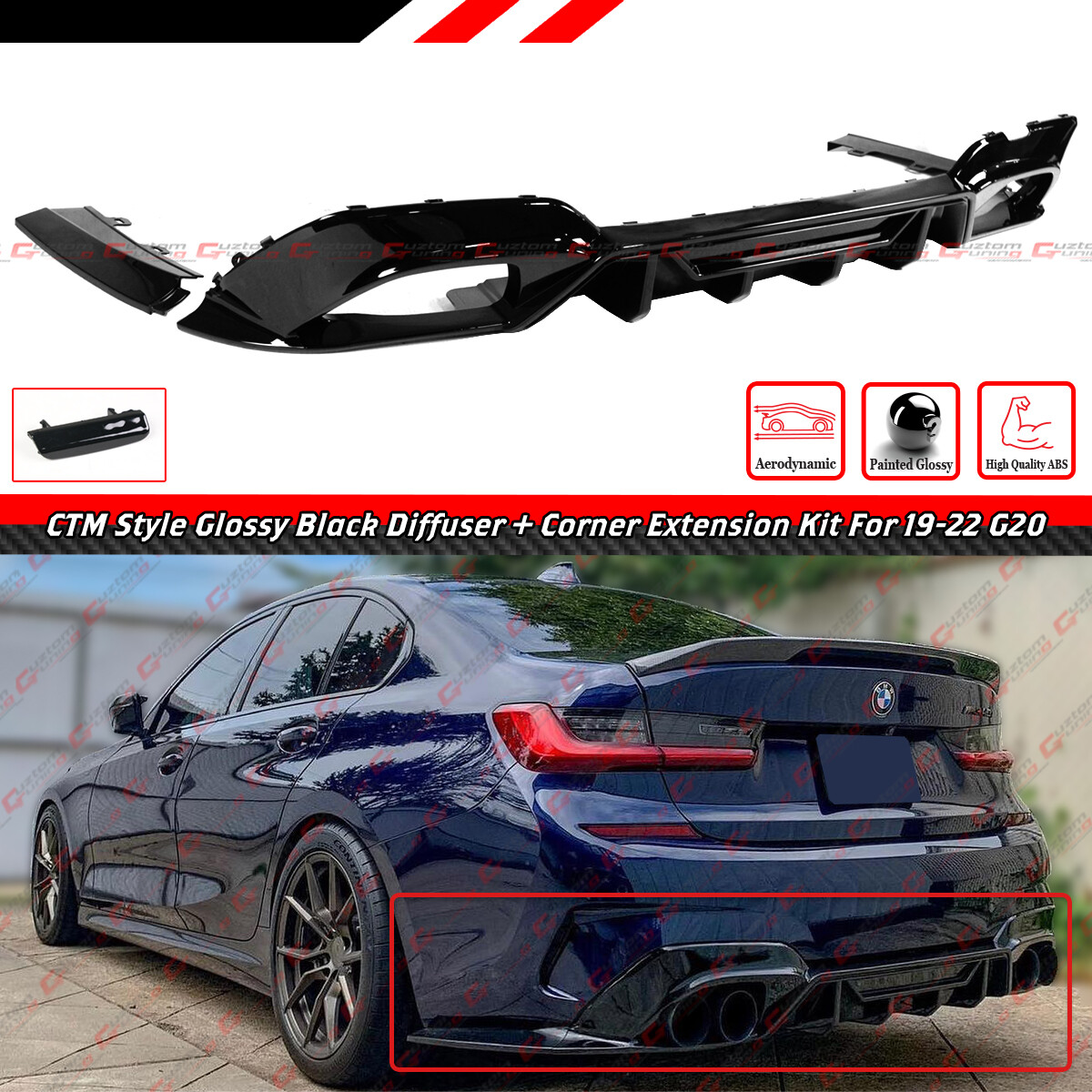 FOR 19-22 BMW G20 330i M340i CTM STYLE GLOSS BLACK REAR DIFFUSER W/ CORNER SPATS