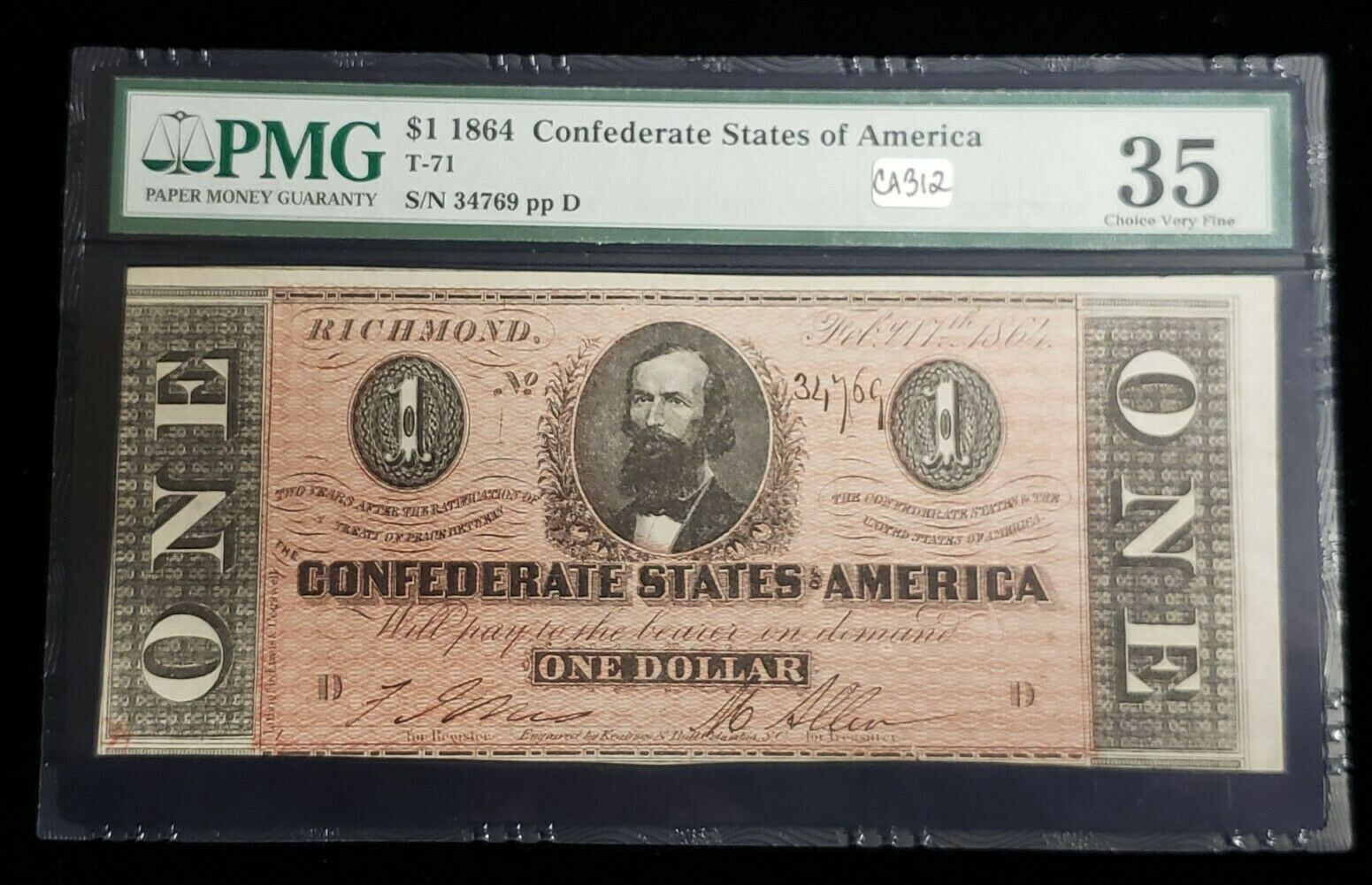 $1 Confederate Note T-71 - Feb 17, 1864 - PMG 35 - DISCOVERY PIECE? - SKU-CA312
