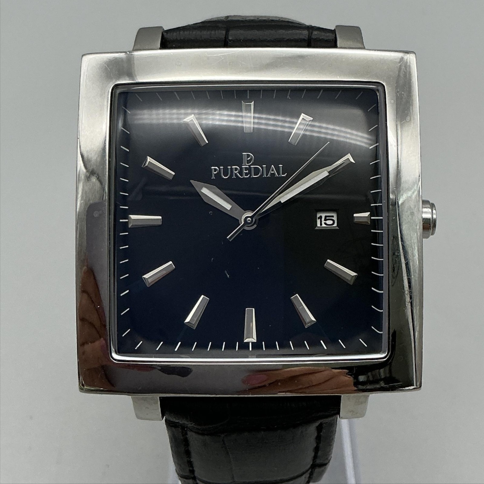 Puredial Square Legacy Mens Watch 42mm Leather Date Stainless New Battery