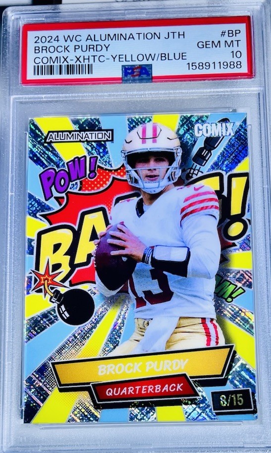 2025 BROCK PURDY WILD CARD ALUMINATION BAANG /15 YELLOW PSA 10 NON AUTO POP 1