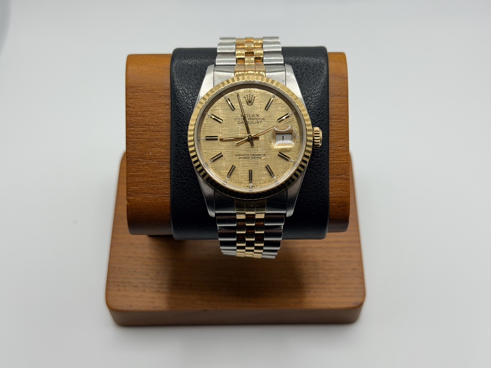 1990 Rolex Datejust 16233 36mm Rare Linen Dial 18k Two Tone Tight Bracelet 