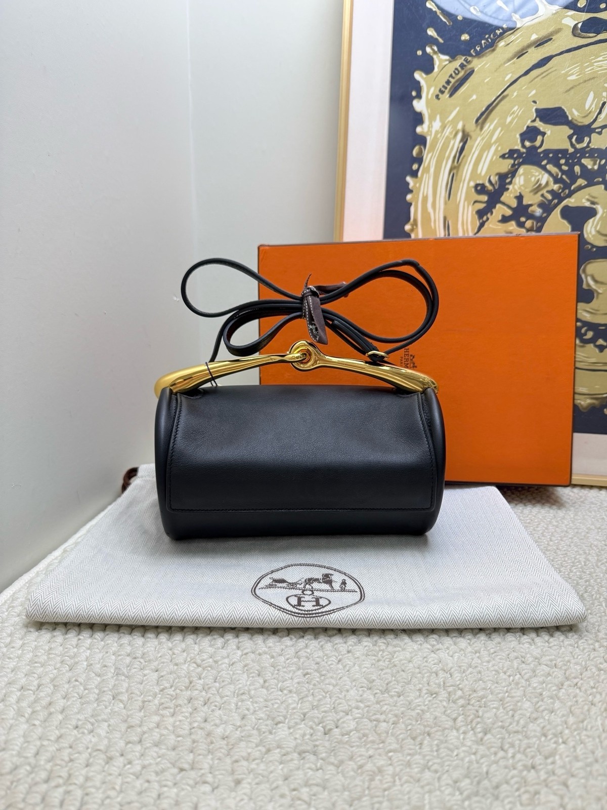 AUTH Hermes Maximors Black Volupto Leather Gold Hardware Cylinder Handbag