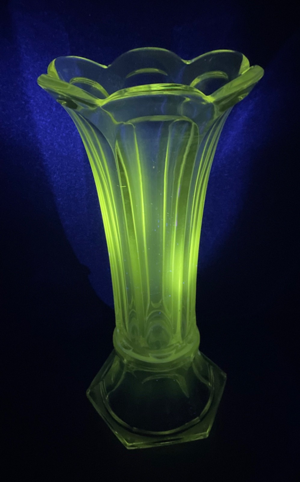 Antique Heisey “Crystal” Manganese Glass Tall 12” Vase Fluted 6 Sides Trademark