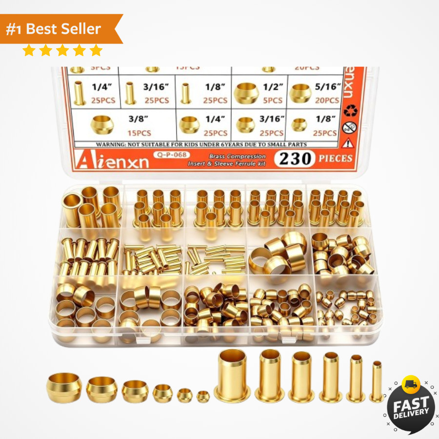 Compression Fittings Assortment kit-6 230PCS Sleeves Ferrules,Insert, Brass Compression Fittings Assortment kit-6 230PCS Sleeves Ferrules,Insert, Brass