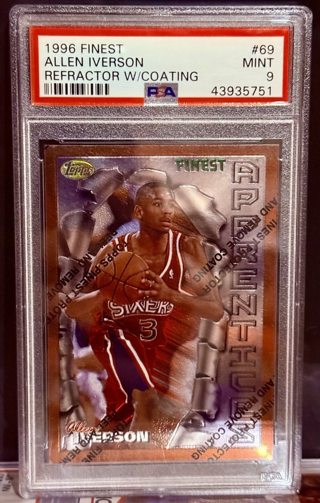 1996 Topps Finest Allen Iverson w/Coating #69 PSA 9 Rare 76ers