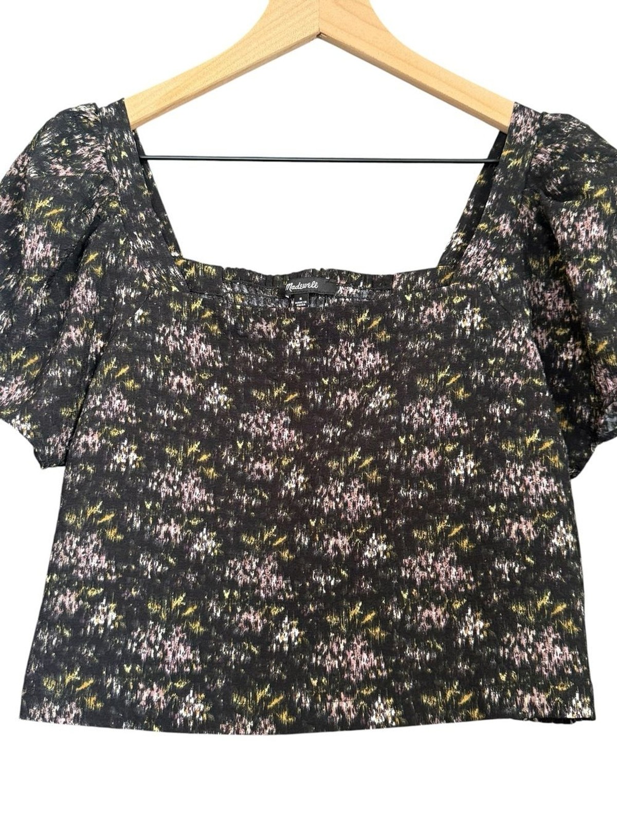 Madewell Black Abstract Floral Square-Neck Short Sleeve Top