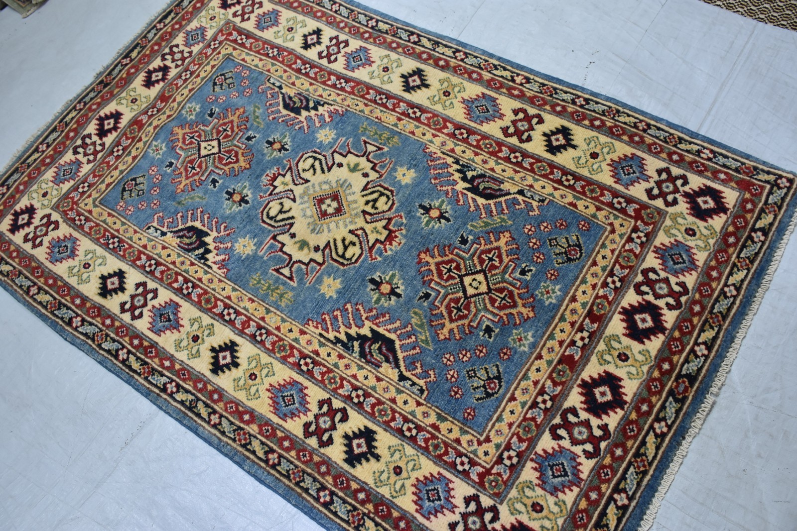 Genuine Kazak Oriental Rug 3x5 ft Blue Cream Geometric Handknotted living room