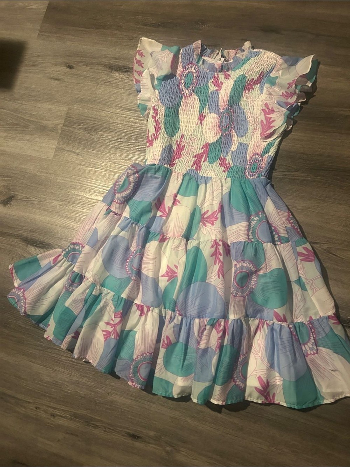 Women’s Floral Smocked Casual Dress in Aqua, Lilac & Pink Women’s Floral Smocked Casual Dress in Aqua, Lilac & Pink