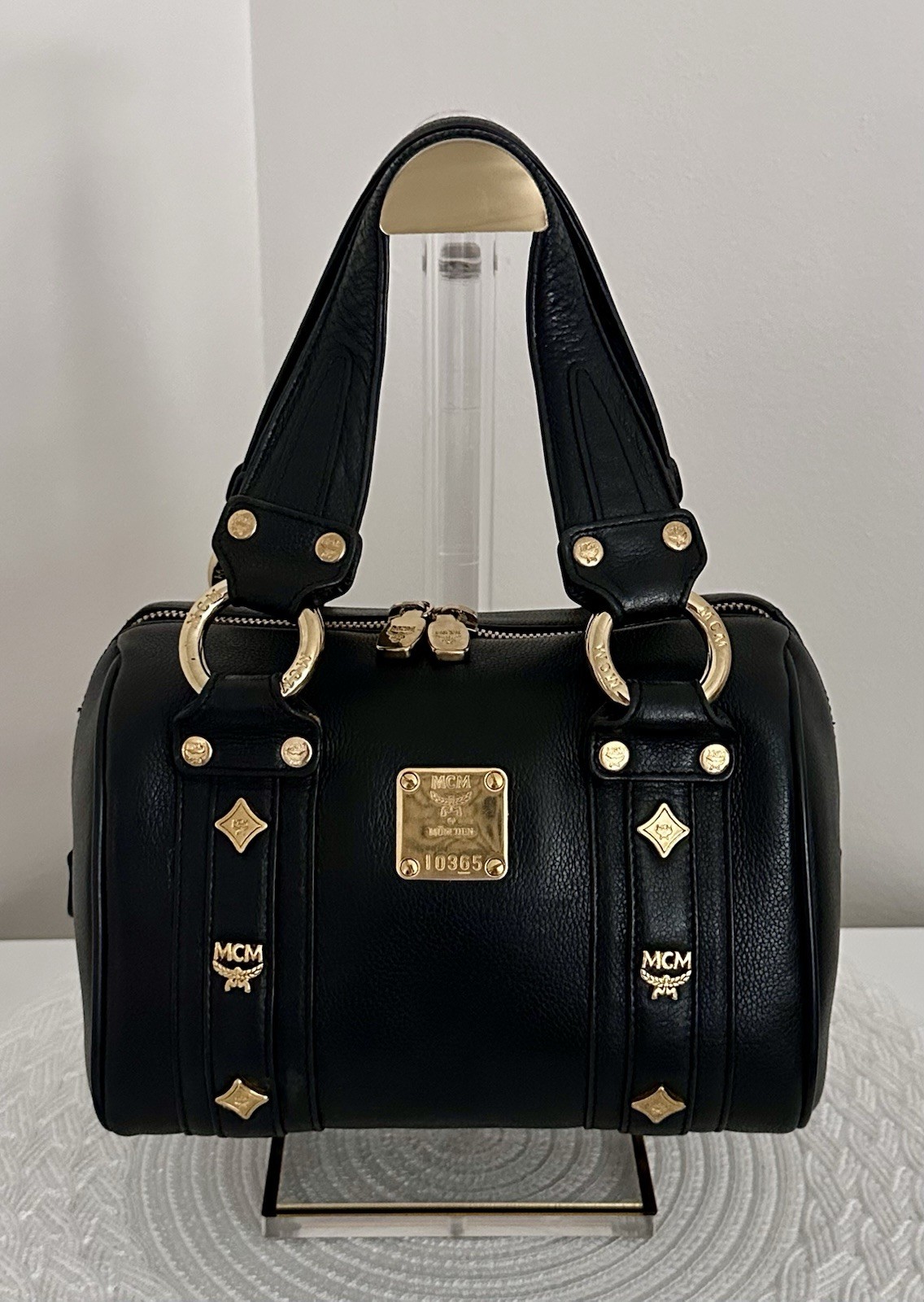 MCM Black Leather Small Mini Boston Satchel Bag Gold Hardware Authentic