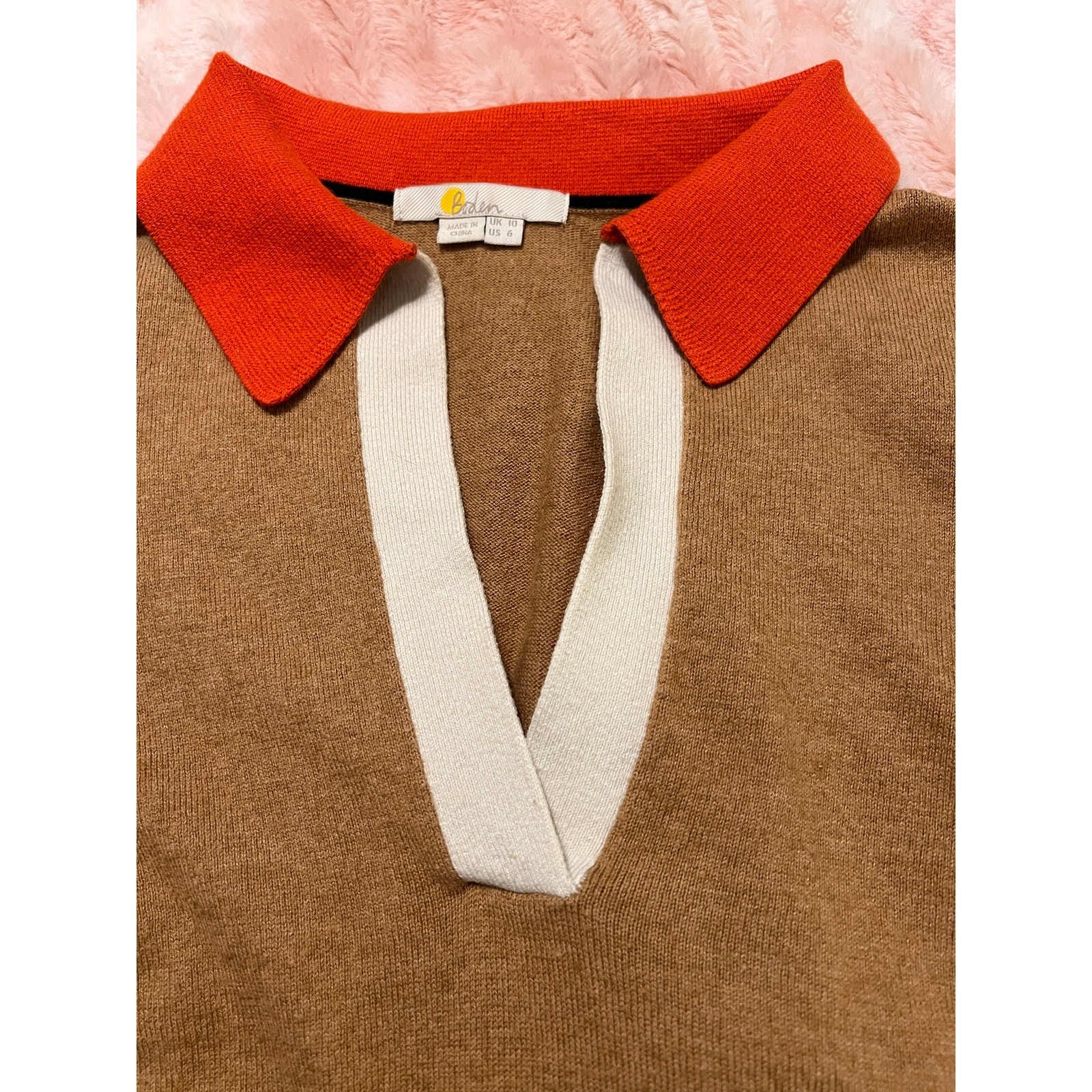 Boden Women’s US 6 Colorblock Rugby Polo Sweater Brown Orange Cream Black