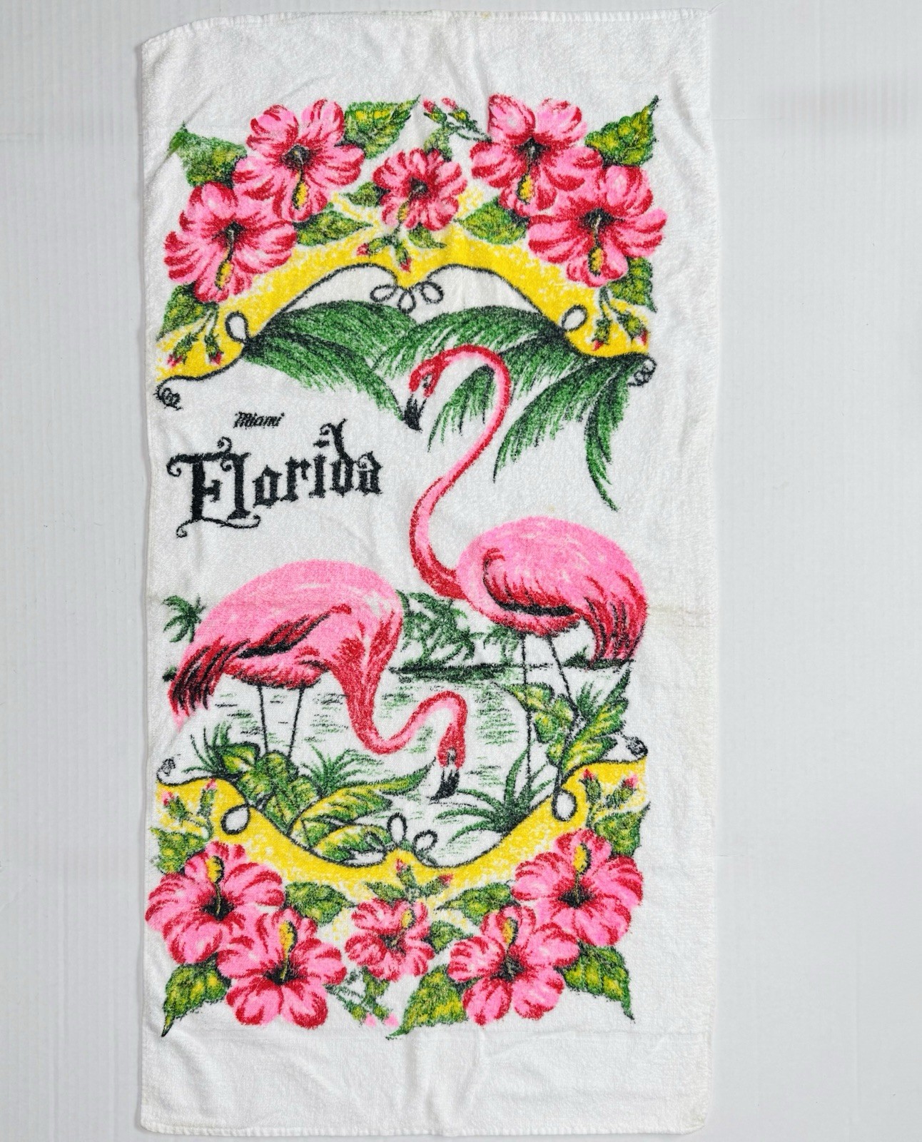 Vintage 1950s 1960’s Miami Florida Souvenir Beach Towel Pink Flamingos Palm Tree