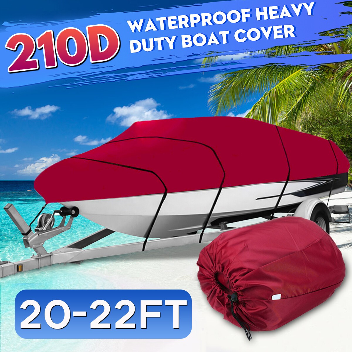 210D Red 22FEET Red Heavy Duty Boat Cover For Fish Ski Bass V-Hull Runabouts