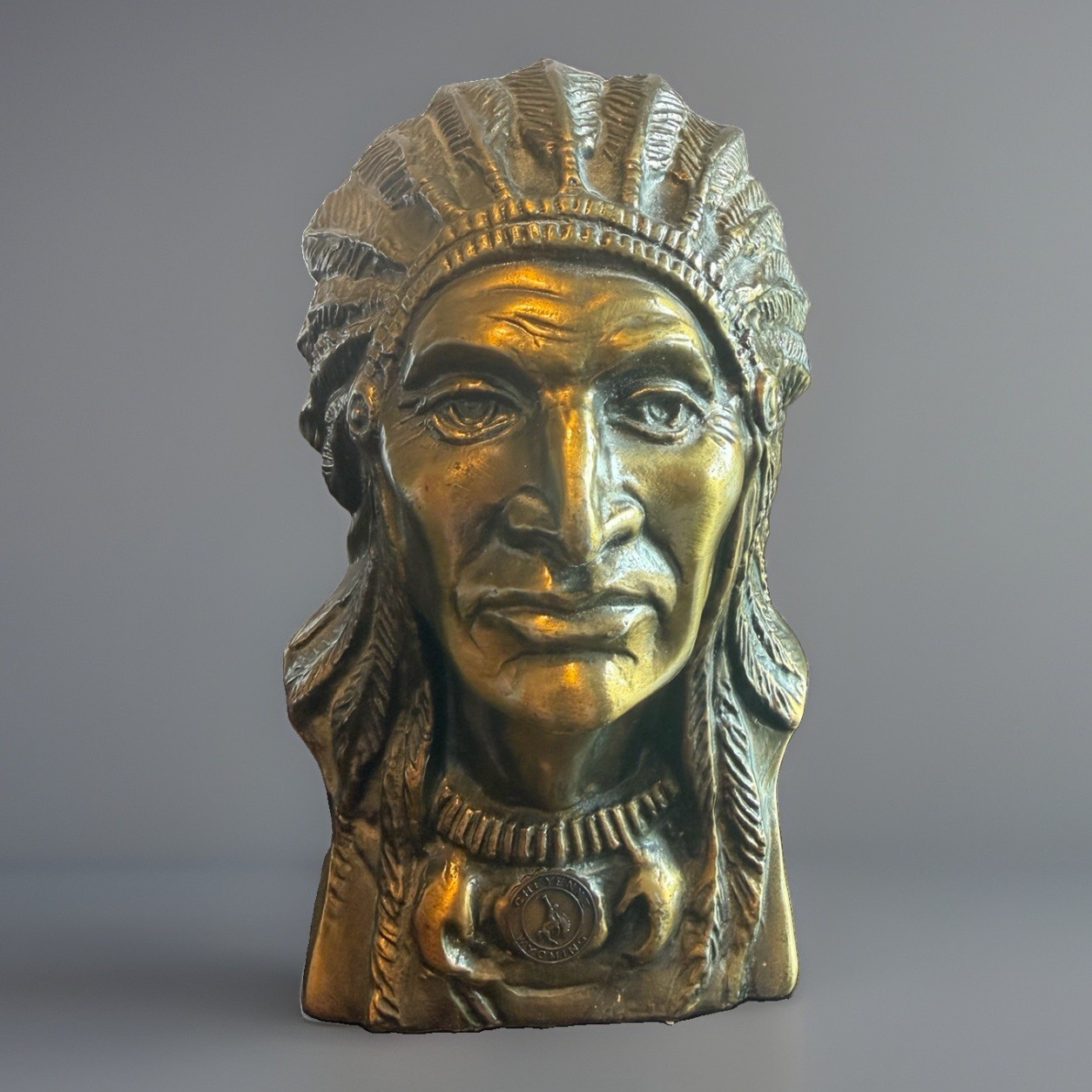 Vintage Cheyenne Wyoming Native American Chief Cast Metal Coin Bank