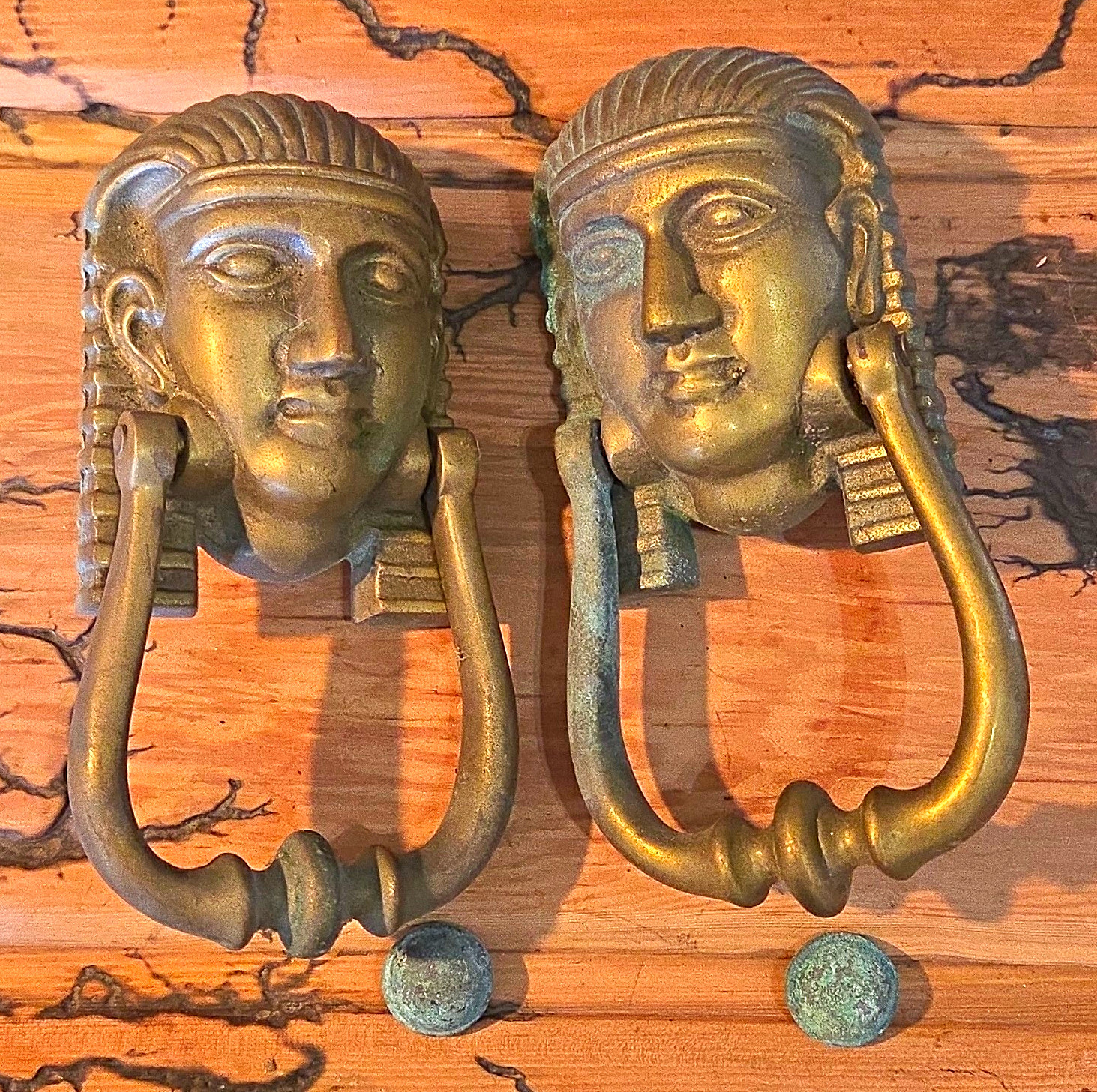 Pair Antique Brass Egyptian Head Door Knockers Pair Antique Brass Egyptian Head Door Knockers