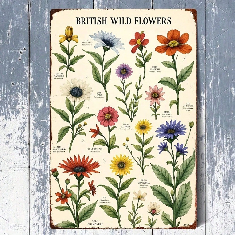 Vintage British Wild Flowers Tin Sign 8x12 Retro Botanical Floral Metal Wall