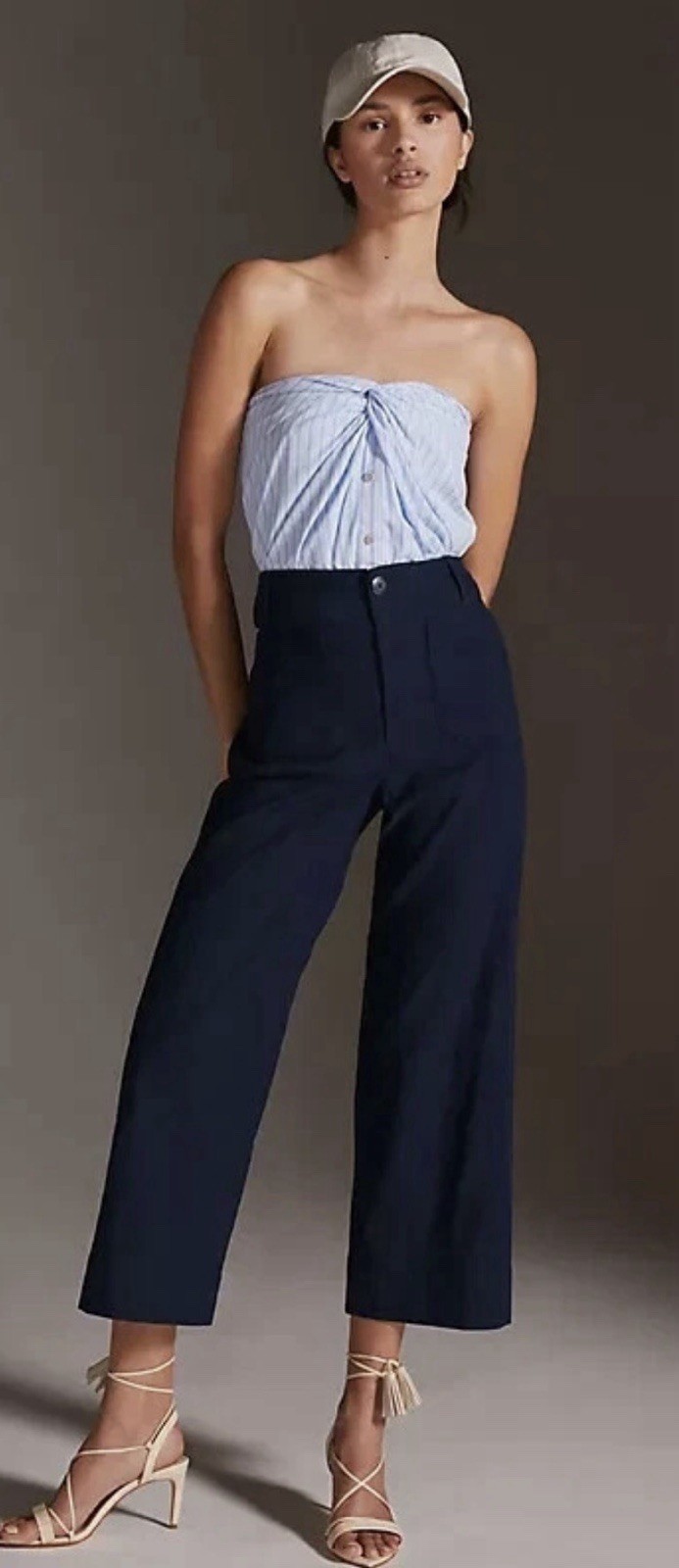 Anthropoligie Maeve The Colette Cropped Pants SZ 6P Navy Linen Blend Wide Leg