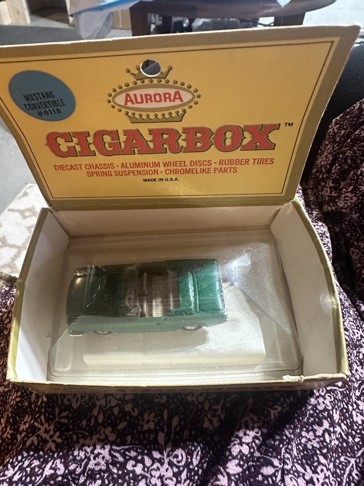 1960\'s AURORA CIGAR BOX GREEN MUSTANG CONVERTIBLE HO CAR MINT IN THE BOX